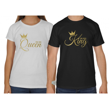Koszulki ze złotym nadrukiem dla par zakochanych komplet 2 szt I'm her king I'm his queen